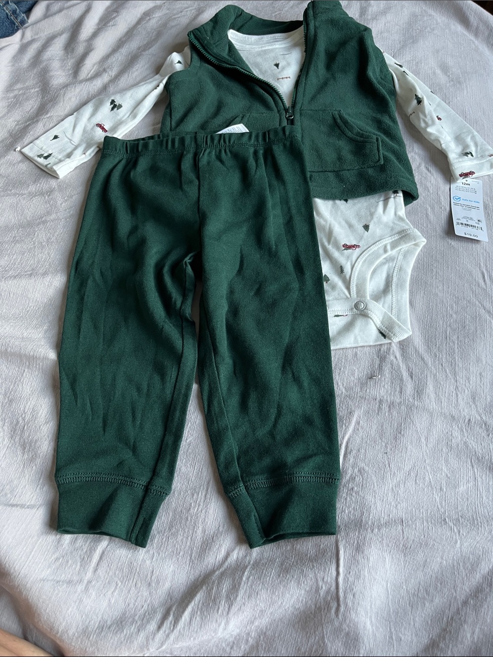 Carter's 3 piece Dark Green Fleece Vest ,Pants and with White Printed Bodysuit